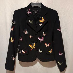 Vintage Designer Black Multi Color Embroidered Butterfly Blazer Jacket Size XS